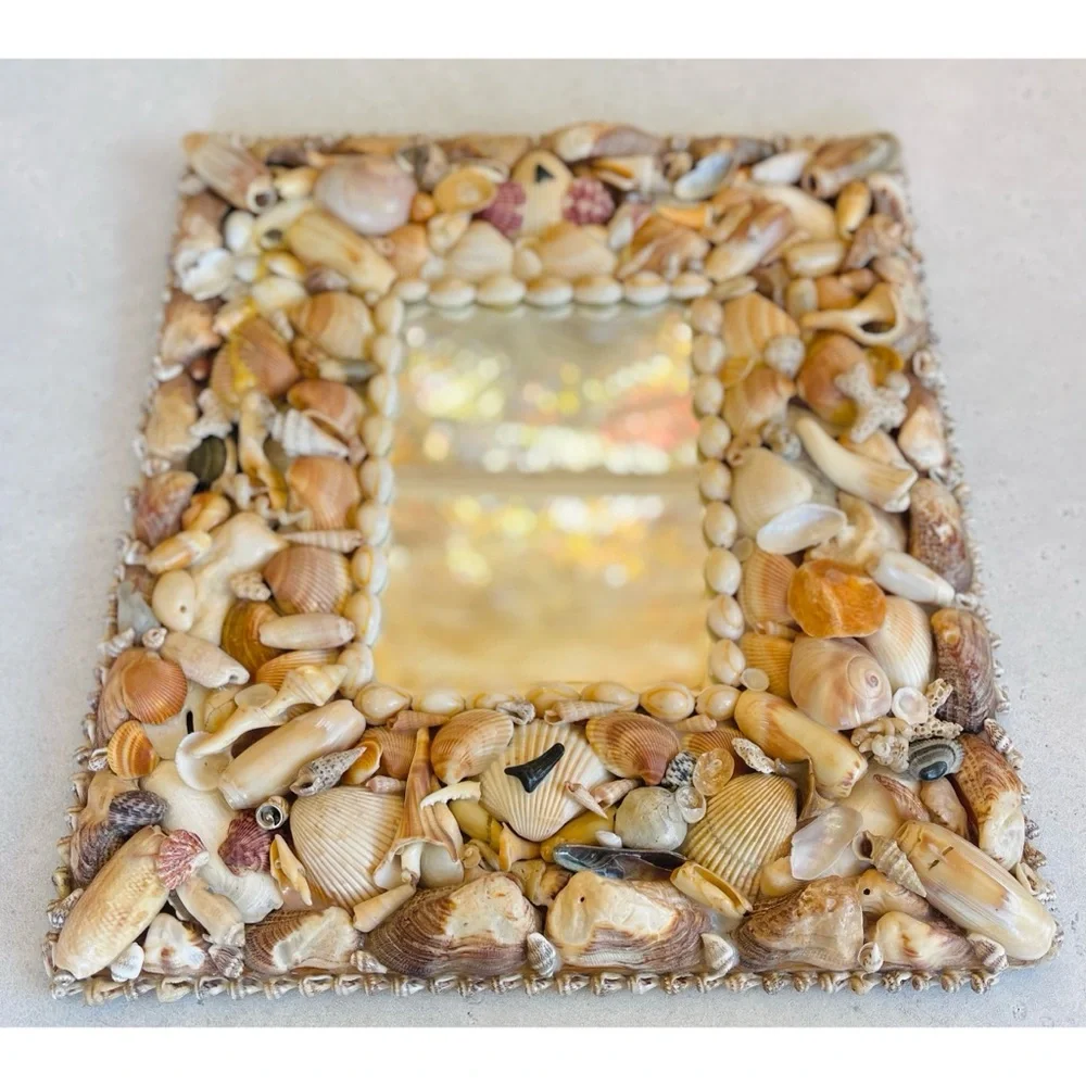 Vintage Handmade Rectangular Seashell Shell Mirror Mermaid Beachy Nautical Decor